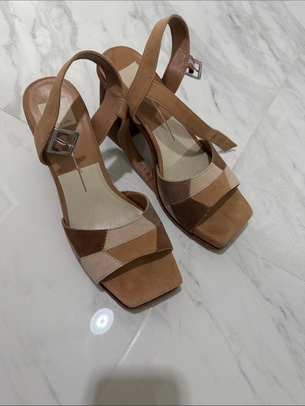 Dolce Vita Patchwork Suede Slingback Heels in Tan and Beige